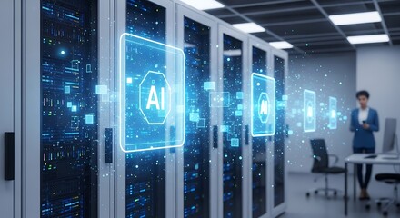 AI technology interface displayed on server racks in a modern data center