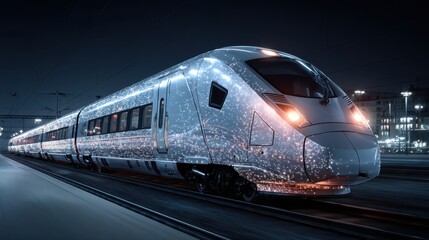 Fototapeta premium A sleek train travels along tracks at night, glowing with bright lights. The city skyline towers in the background, showcasing a vibrant metropolitan atmosphere.