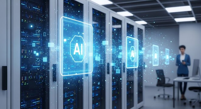 AI technology interface displayed on server racks in a modern data center