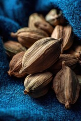 Discovering the intricate beauty of cardamom pods nestled in a soft textured backdrop