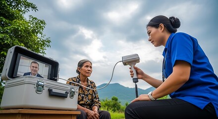Telemedicine consultation: Doctor using handheld device with elderly patient outdoors