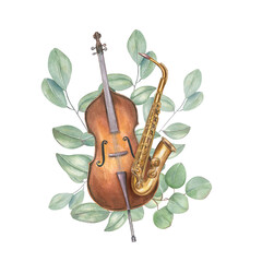 Double bass, and saxophone with eucalyptus branches watercolor illustration isolated background. Woodwind instruments and greenery composition for jazz festival design, music school poster