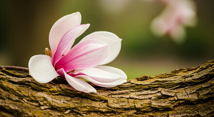Blooming Magnolia Flower Resting on the Moss Covered Wood Branch