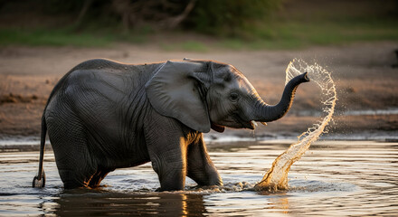 Obraz premium Young Elephant Splashing Water Happily With Trunk in Serene African River