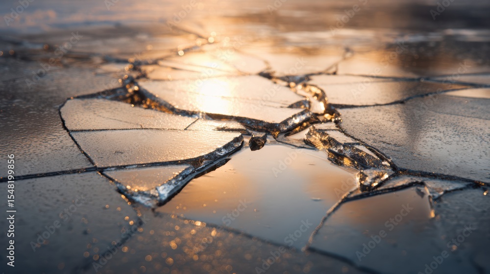Poster intricate patterns of abstract ice cracks reflecting a warm glow from the setting sun on a cold surf