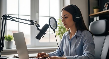 Young woman podcasting at home, using microphone and laptop