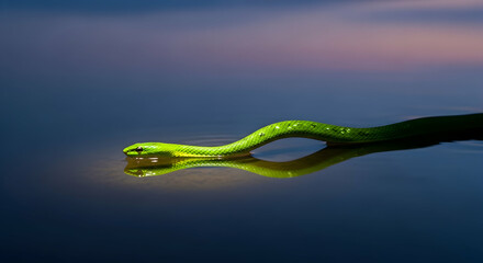 Emerald Serpent Drifting Silently Across Murky Waters At Twilight Hour