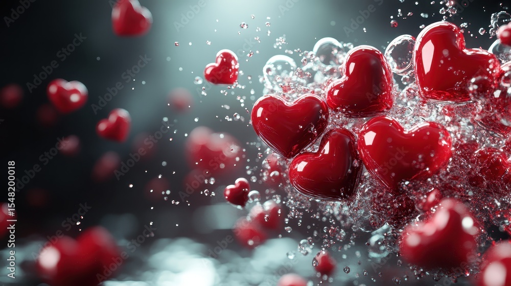 Poster a vibrant and lively scene of red hearts splashing into water, creating a mesmerizing visual effect 