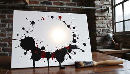 Abstract canvas art with black and red paint splatters in studio