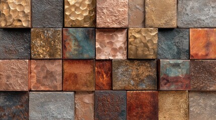 An assortment of metallic tiles in various finishes and textures is displayed, showcasing a blend of colors and patterns suited for interior design projects. Each tile adds a unique touch.