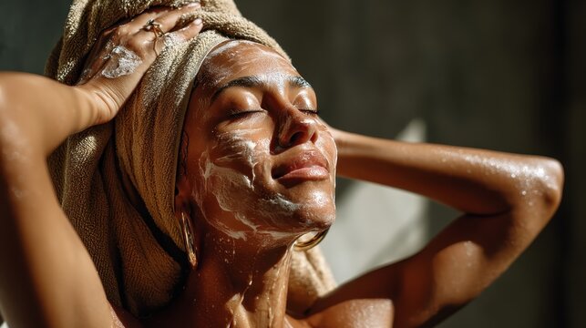 A woman enjoys a refreshing moment in the shower, indulging in her beauty routine as soap lathers her face, representing self-care and relaxation. - Powered by Adobe
