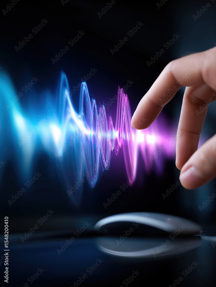 Poster touch interacts with colorful sound waves in a digital environment