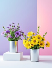 Naklejka premium Two elegant vases displaying purple and yellow flowers against a color block background