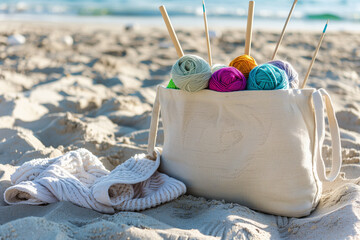 Top view of cozy beach scene with tote bag filled with yarn and knitting needles. Laid next to towel on sand. Crafting in summer