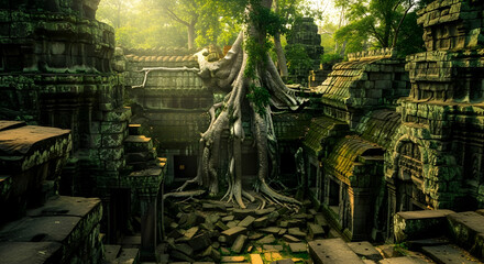 Fototapeta premium Ancient Temple Complex Intertwined With Nature's Embrace In Southeast Asia