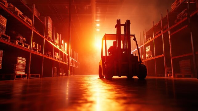 A forklift silhouette navigates through a vibrant warehouse, beams of golden light flooding the space, emphasizing the bustling energy and productivity of industrial life.