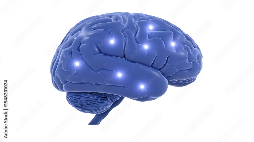 Poster digital illustration of blue brain with glowing nodes represents neural connections and cognitive pr