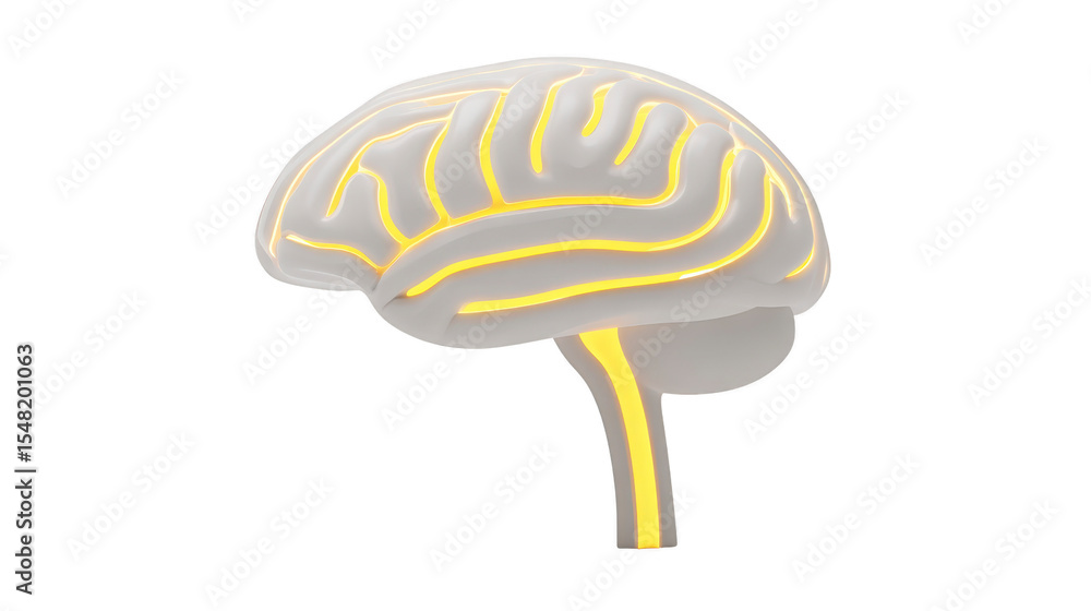Poster 3d illustration of human brain with glowing yellow lines highlights neural pathways, symbolizing int