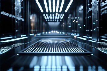 Glowing Quantum Computing Chips In High Tech Data Center Environment