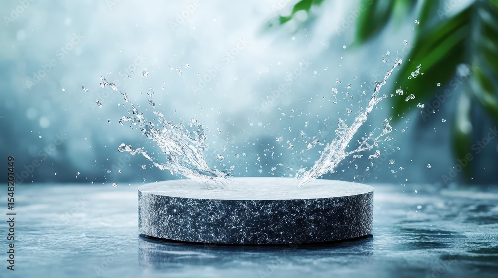 Poster an artistic image capturing the dynamic splashes of water droplets against a textured surface, embod