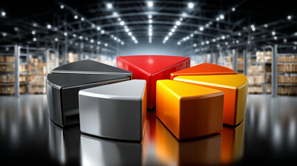 Pie Chart Data Visualization in a Warehouse: A striking visual representation of data with pie charts, against the backdrop of a bustling warehouse.