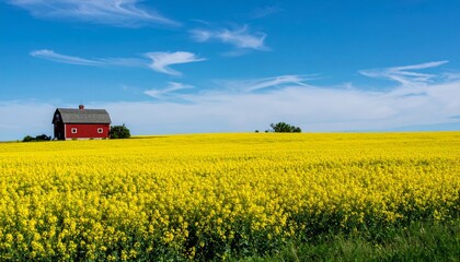 Red Barn in a Yellow Canola Field under a Blue Sky