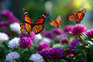 Fototapeta premium Colorful butterflies flutter among blooming flowers in a sunny garden setting