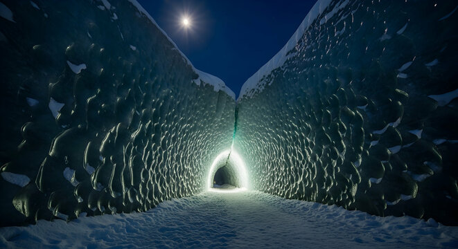 Mystical Ice Cave Illuminated By Sunlight, Shining Underneath Dark Blue Sky