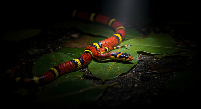Scarlet Milk Snake Gliding Across Lush Green Foliage In The Jungle