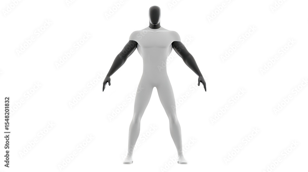 Poster humanoid figure with sleek, futuristic design stands in neutral pose. figure features monochromatic 