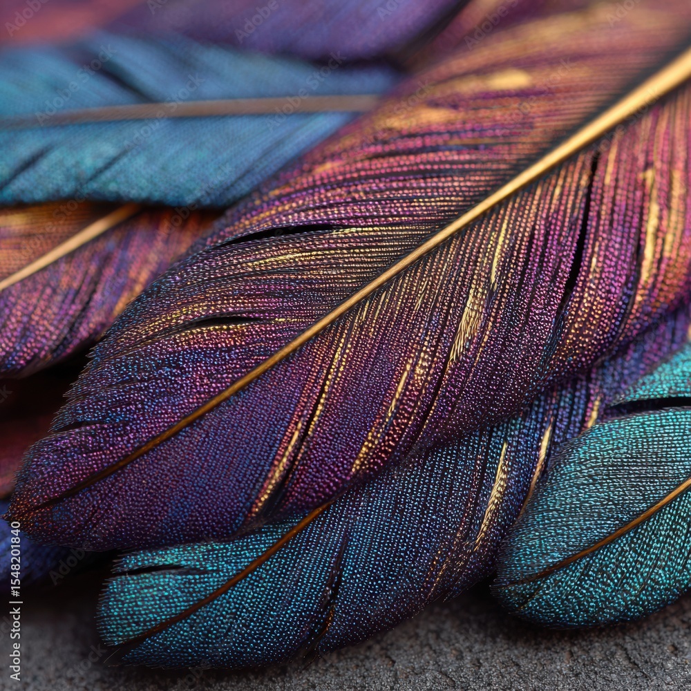 Poster exploring the intricate beauty of bird feathers with captivating iridescence and detailed patterns s