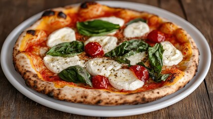 An appetizing gourmet pizza topped with creamy mozzarella, vibrant red tomatoes, and fresh basil, beautifully presented on a rustic plate, perfect for food enthusiasts and culinary lovers.