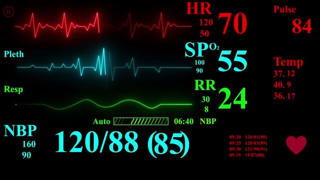 vital signs on ICU monitor in hospital, Intensive care health monitor with stable vital signs, patient's condition illness. glowing emergency health monitor ui design,intensive care unit monitor bc. - Powered by Adobe