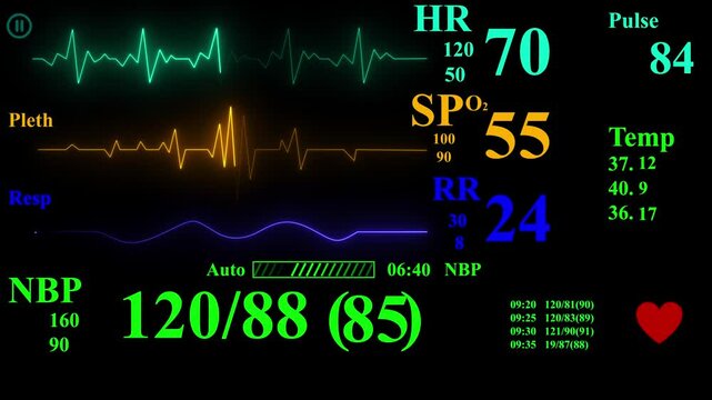 heart rate and bp monitor animation in icu,pulse and oxygen level display on monitor animation,ICU medical monitor, irregular heartbeat. EKG monitor in ICU unit show The waves of blood pressure, blood