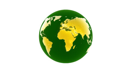 Green and gold globe illustration highlighting continents with glowing effect, symbolizing global connectivity and environmental awareness. vibrant colors evoke sense of sustainability and unity