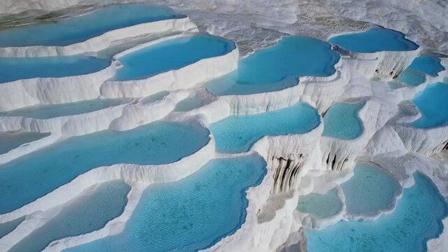 Pamukkale Turkish, Natural travertine pools terraces with blue water, aerial top view.