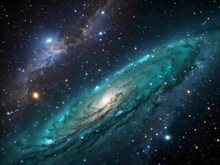 Obraz premium A large spiral galaxy glows with teal and yellow hues in the dark cosmos