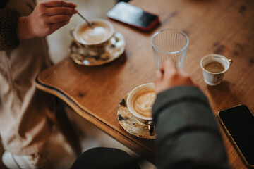 A warm close-up scene of two people stirring and enjoying coffee together, highlighting social...