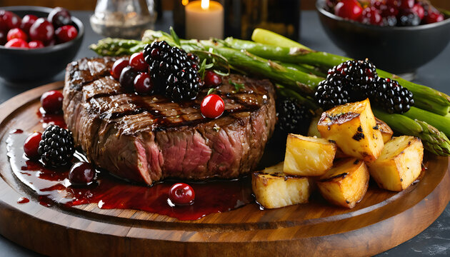 The Art of Fine Dining: Juicy Tomahawk Steak, Creamy Pasta, and Sommelier-Selected Red and White Wines Perfect for a high-end dining website, culinary blog, or gourmet restaurant event announcement