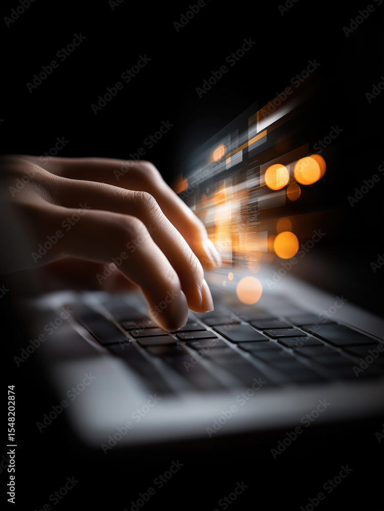 Poster hands typing on a laptop keyboard creating light trails in a dark environment