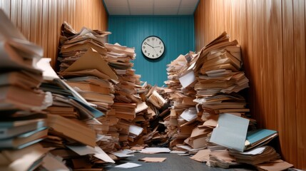 A chaotic office space filled with stacks of unorganized papers and documents, highlighting the overwhelm of clutter in a workspace and the impact of disorganization on productivity.