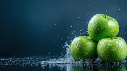A vibrant display of fresh green apples with droplets of water around them, capturing the essence of freshness and vitality in a visually appealing manner against a dark backdrop.