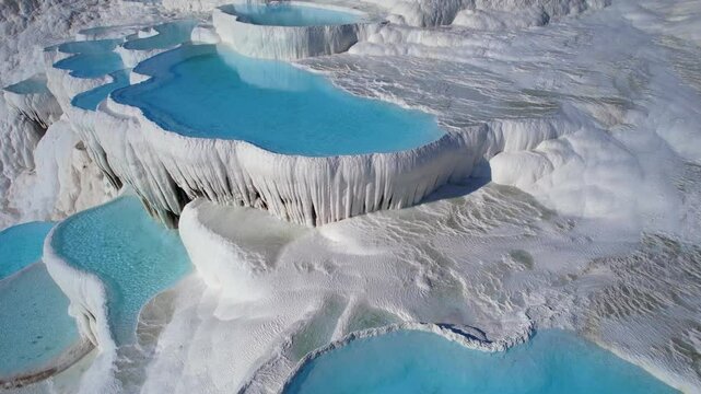 Pamukkale Turkish, Natural travertine pools terraces with blue water, aerial top view.