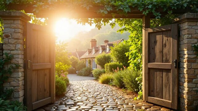 Open wooden gate in stone pillars leading to cobblestone path and charming houses.  Pathway framed by lush greenery bathed in warm sunlight. Picturesque scenery perfect for video production. This idyl
