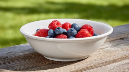 Fresh red, white, and blue berries in a bowl, clean composition. Minimalist food photography for a bright and organic summer aesthetic.