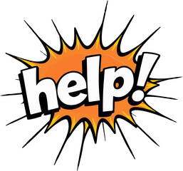 Bold comic-style text spelling "help!" surrounded by an explosive orange and black starburst design.