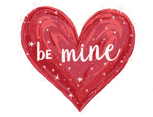 Illustration of a red heart with swirls and sparkles, featuring the text "be mine" in playful white script.