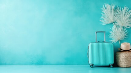 A minimalist image featuring a turquoise suitcase against a vibrant background, symbolizing travel, adventure, and the excitement of new beginnings.