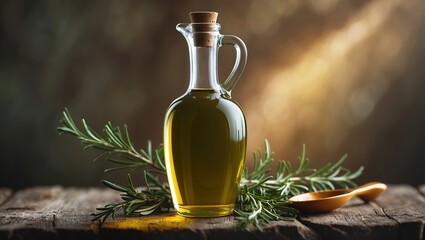 glass bottle of olive oil on a wooden table