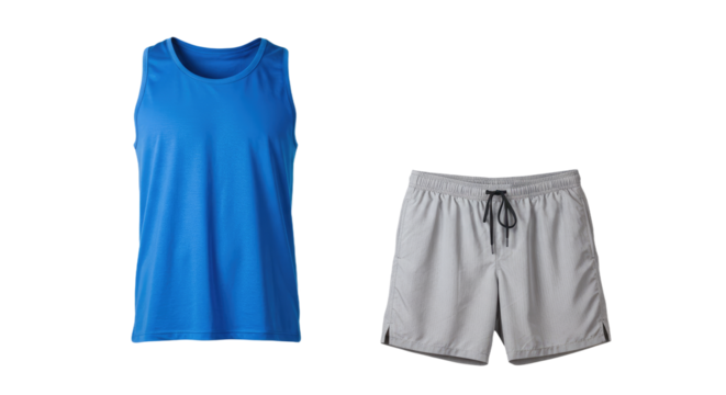Mens Blue Tank Top and Gray Shorts Outfit.
